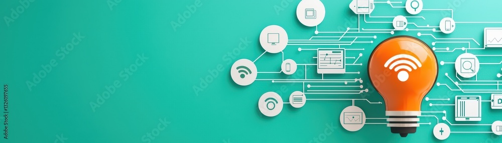 Poster minimalist concept of iot network with light bulb and solid color background