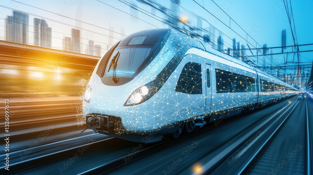 Poster a high speed electric train speeding through an urban landscape its streamlined design illuminated b