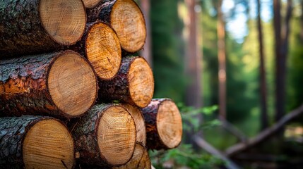 A close-up of stacked logs in a forest, showcasing their natural texture and color against a blurred green background.