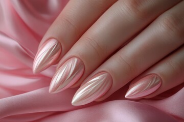 Woman's hand with perfect smooth skin and natural nails on pink background
