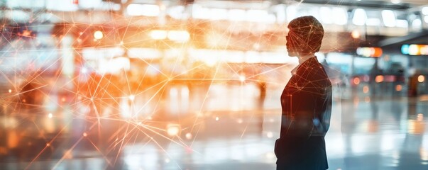Silhouette of a person stands amidst digital data network lights