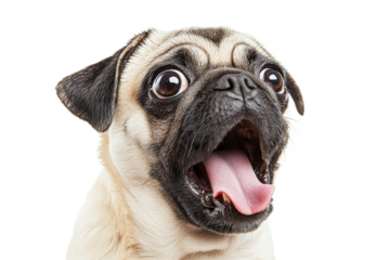 Excited pug with open mouth and wide eyes