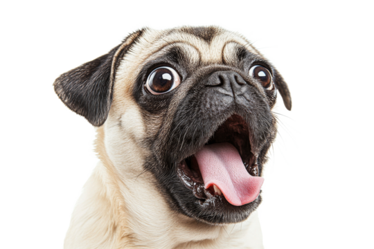 Excited pug with open mouth and wide eyes