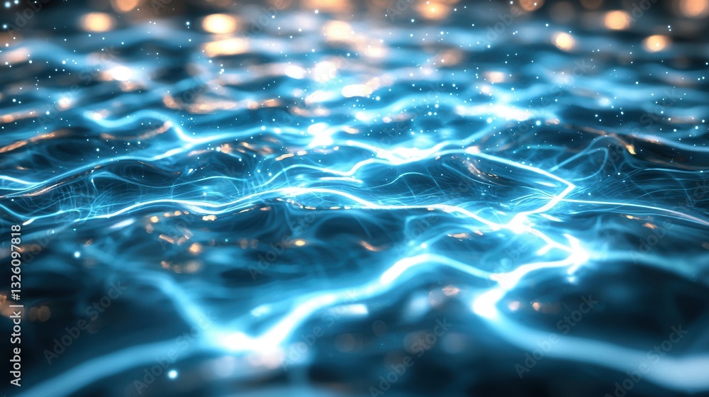 Poster mesmerizing abstract digital landscape with dynamic glowing blue waves of data and energy flowing an