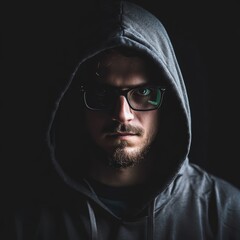 A close-up portrait of a man in a hoodie and glasses, set against a dark background, conveying an air of mystery and intensity.