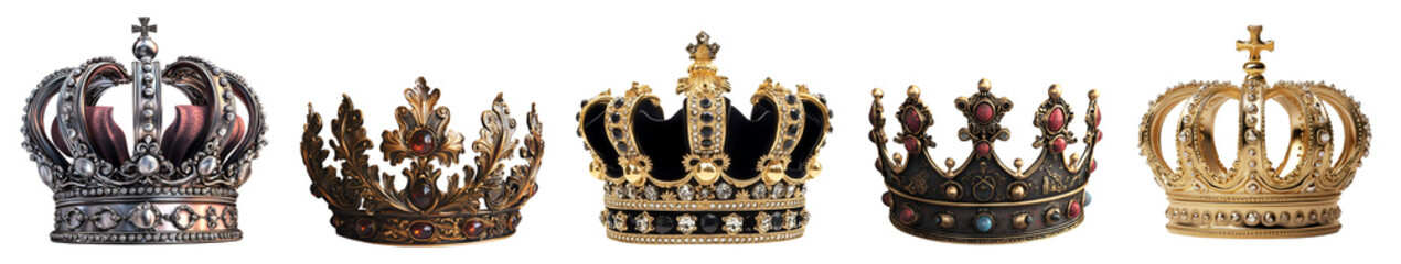 Set collection of elaborate gemstone diamond jewel crown tiara headpiece, royal king queen noble renaissance regal medieval on transparent cutout PNG. Many different style. Mockup template for design	