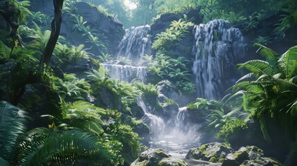 A hidden waterfall surrounded by lush green ferns and moss-covered rocks