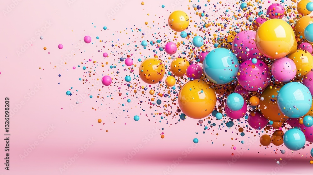 Poster a vibrant dynamic display of multicolored floating spheres and particles creating a captivating abst