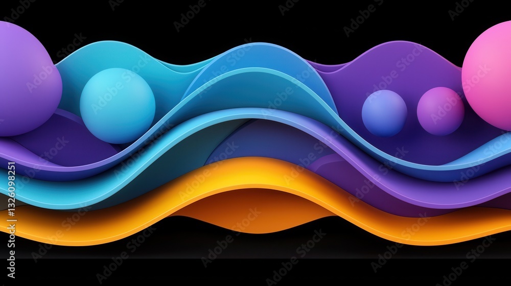 Poster an abstract and vibrant digital artwork featuring a dynamic composition of 3d spheres and flowing wa
