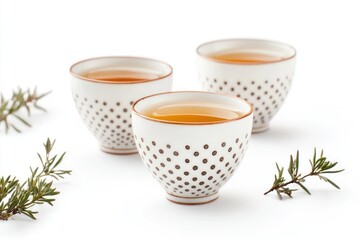 White ceramic cups, intricate lattice pattern, golden tea, minimalist design, green herb sprigs, soft lighting, clean background, contemporary tableware, Japanese-inspired, delicate details, warm tone