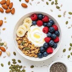 portion of golden granola, capturing the essence of a wholesome breakfast, featuring a pristine white bowl filled with creamy yogurt,white background, emphasizing the purity and natural goodness.