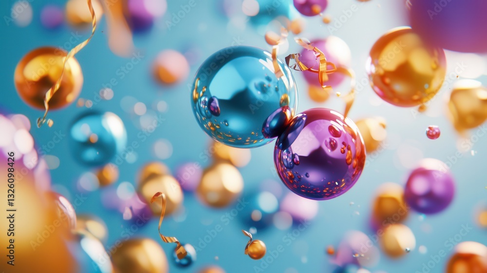 Poster captivating dreamlike image featuring a vibrant array of transparent luminous spheres floating in a 