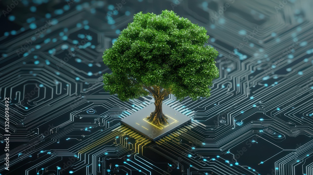Poster tree growing on circuit board symbolizing harmony between nature and technology