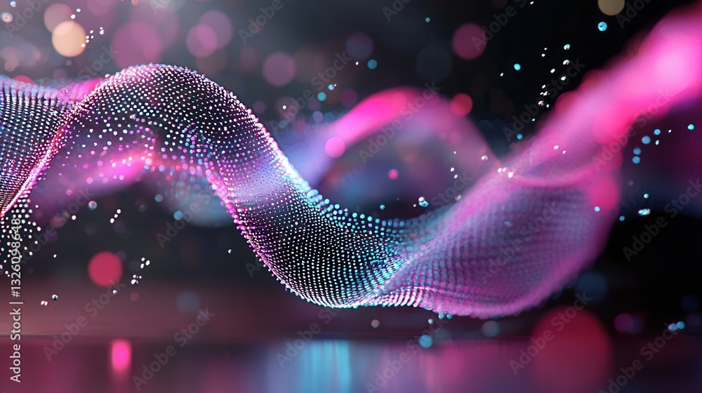 Poster mesmerizing futuristic abstract with vibrant shimmering waves of glowing digital particles in a cosm