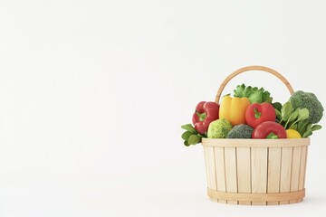 Fresh Organic Fruits and Vegetables in a Wooden Basket on a Light Background