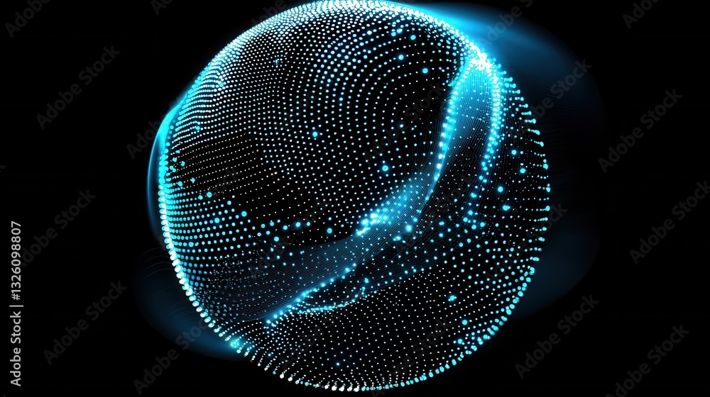 Poster a futuristic illuminated sphere composed of a dynamic glowing wireframe grid with intricate patterns