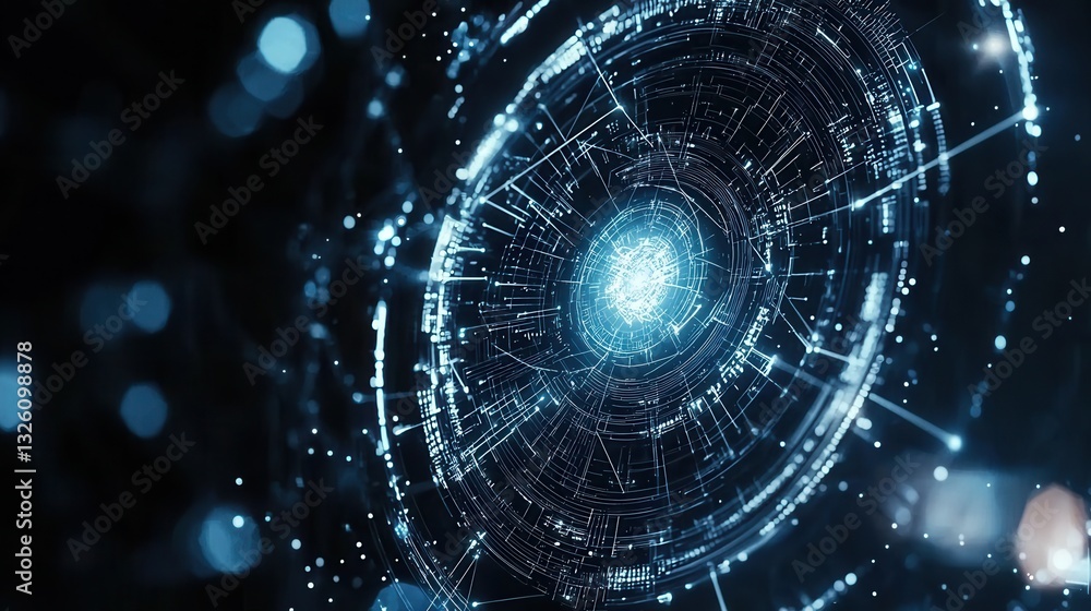 Poster a captivating visionary image depicting a futuristic dark blue grid with intricate network connectio