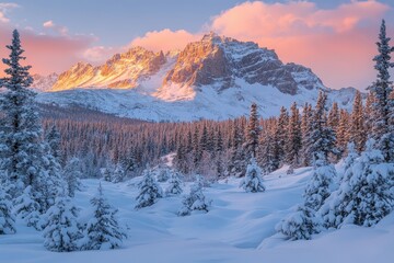 Majestic Snow-Covered Mountain Landscape at Sunrise with Pink Clouds and Pine Trees in Winter Wonderland