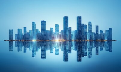 Obraz premium Cityscape Reflection: A Stunning Panorama of Modern Architecture at Twilight