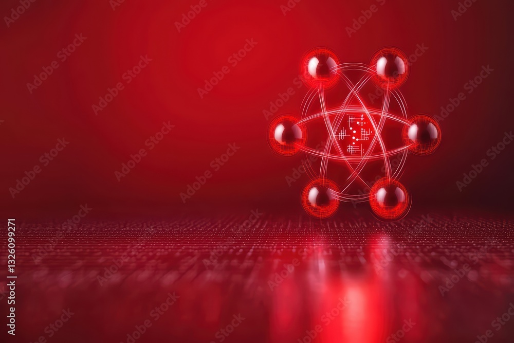 Poster quantum technology concept of holographic display with red elements and digital background