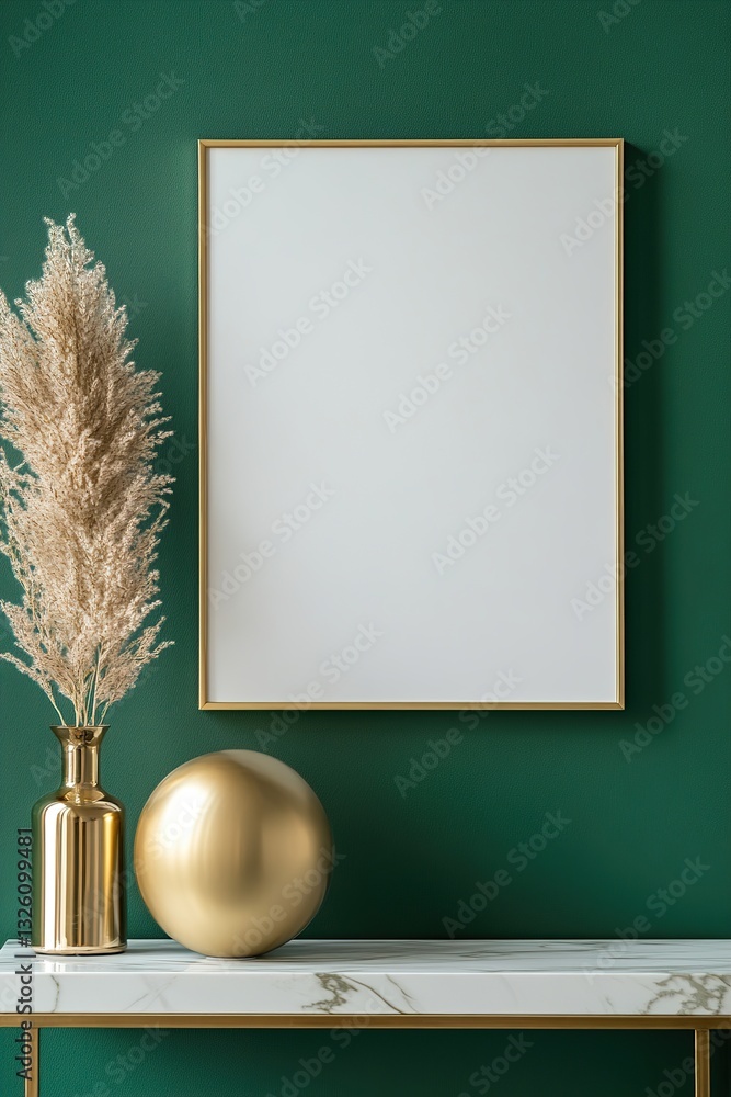 Poster a stylish blank frame with a gold border hangs on a deep emerald wall, complemented by a marble cons