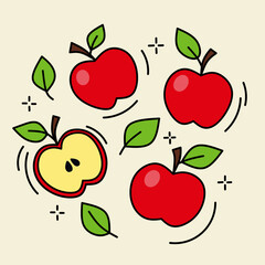 Drawing of red apples in different forms, whole, sliced, and leaves with a simple and playful style. Perfect for fruit-themed design promoting health and wellness.