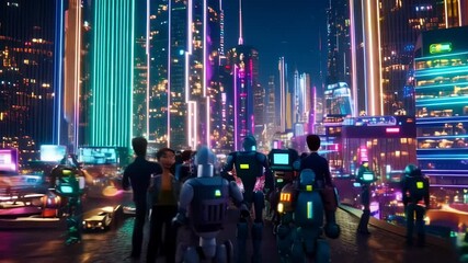 AI technology revolutionizing industries, showcasing futuristic innovations, and seamless integration into everyday life, with dynamic visuals of robots, data streams, and smart devices in action.