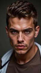 Intense gaze of a young man highlighting emotion and strength in close-up shot