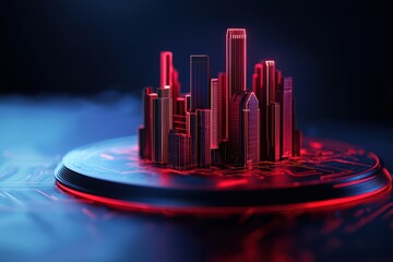 Futuristic Cyber Fortress Concept with Neon Lights and Digital Elements in Sci-Fi Style