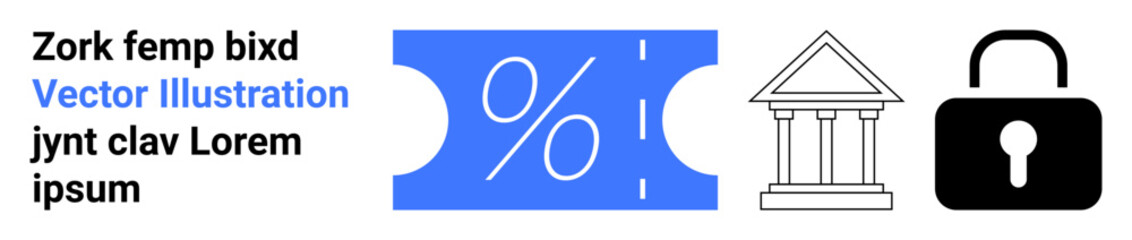 Coupon with percent sign, government building, and lock in minimal design. Ideal for finance, discounts, security, savings, governance, economics abstract line flat metaphor