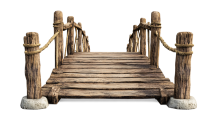 Wooden Bridge Isolated Rustic Structure,  on a white and transparent background, PNG.