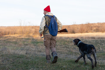 Mature hunter man holding a shotgun and walking through a field