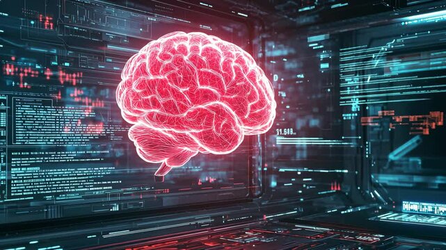 Neon brain in futuristic digital interface with dynamic data flow