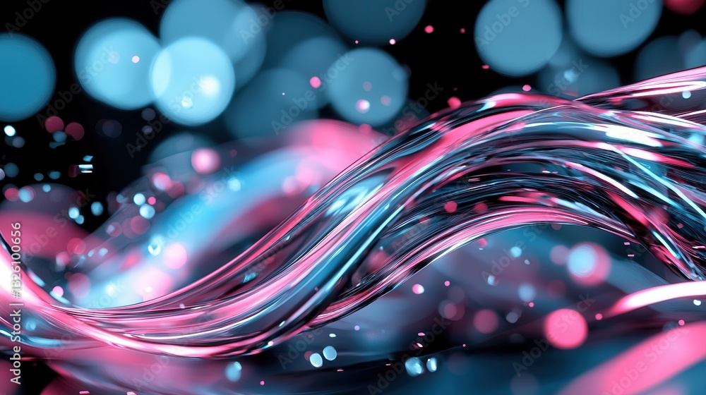 Poster an abstract futuristic digital background featuring a dynamic luminous display of pink and blue glow
