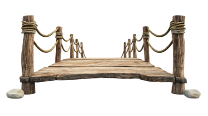 Wooden Bridge Isolated Rustic Structure,  on a white and transparent background, PNG.