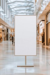 A vertical billboard stands empty in a modern shopping mall, illuminated by natural light. Shoppers are blurred in the background, emphasizing the focus on the billboard, ideal for advertisements