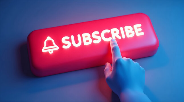 Bold red YouTube Subscribe button with bell icon and pointing hand, high-quality 3D rendering for digital engagement