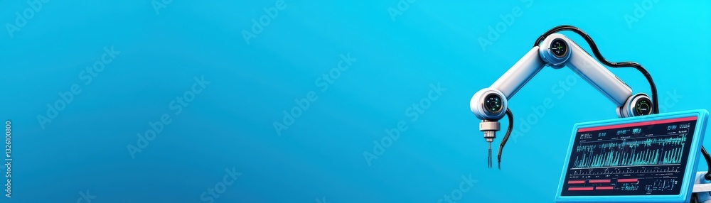 Poster smart factory concept with robotic arm and control monitor on solid blue background