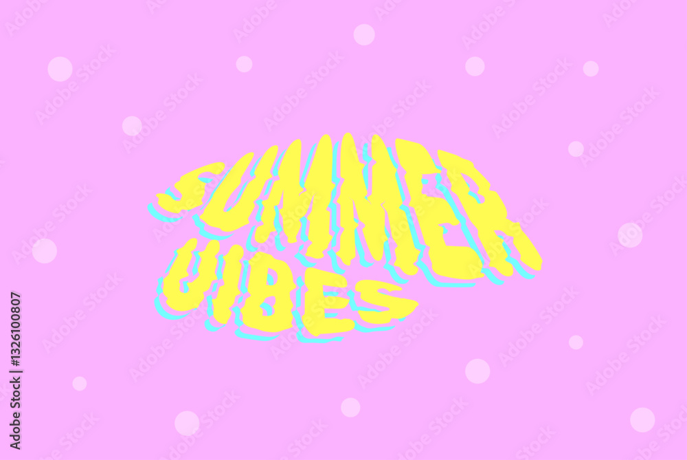 Fototapete retro distorted text summer vibes in yellow with blue shadow on pink background with polka dots. typ