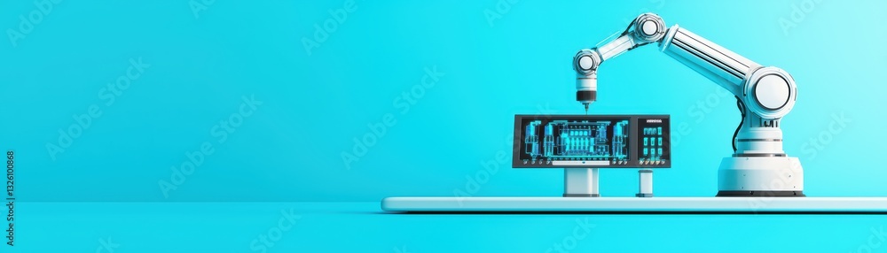 Poster smart factory concept with robotic arm on solid color background featuring technology display