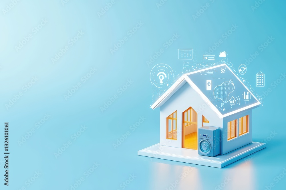 Poster futuristic smart home automation concept in 3d rendered style with digital icons