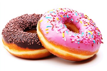  two chocolate-covered donut and strawberry glazed donut, solid white background, high resolution.