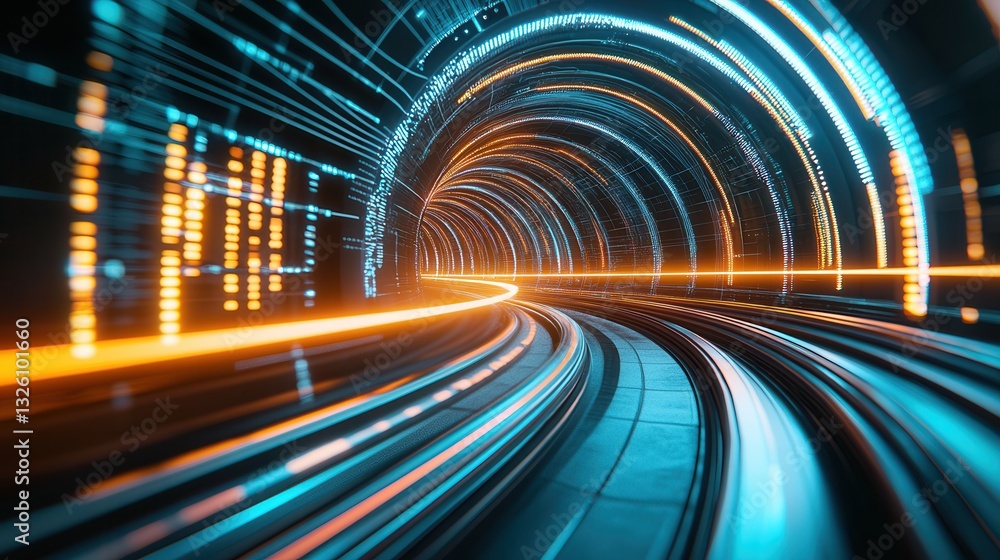Poster a vibrant futuristic digital tunnel with glowing luminous points of light racing through a dynamic d