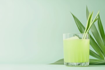 Refreshing Thai Herbal Drink with Lemongrass and Green Background in a Glass
