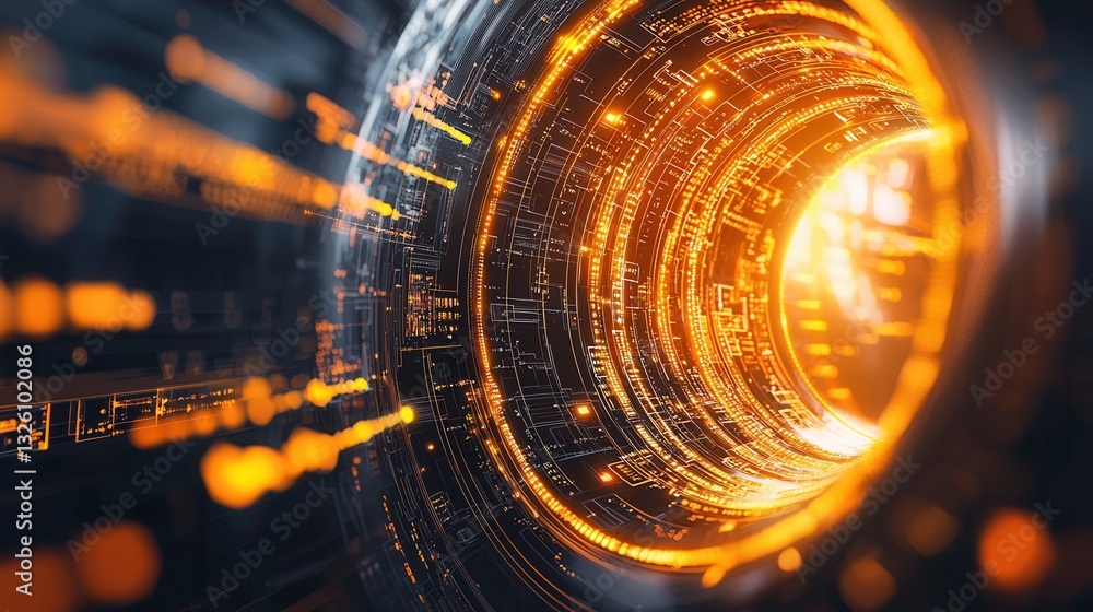Poster a mesmerizing futuristic digital space tunnel filled with a swirling glowing matrix of moving partic