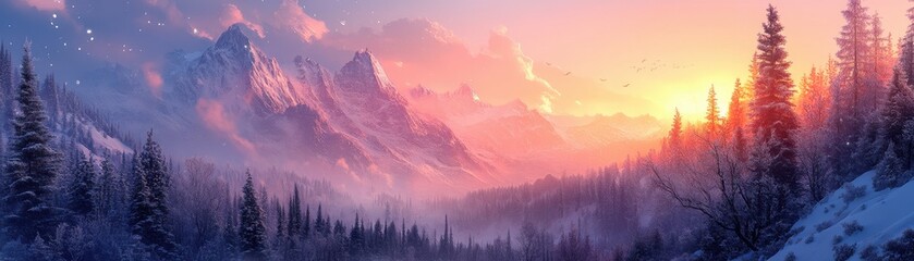 Obraz premium Majestic Winter Mountain Landscape at Sunrise with Snow-Covered Peaks and Pine Forests in a Serene and Tranquil Setting