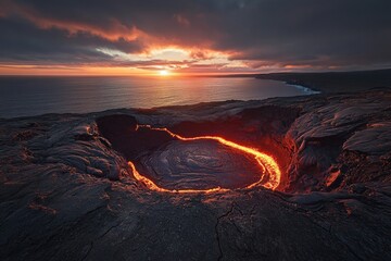 Fototapeta premium Dramatic sunset illuminates a breathtaking lava filled fissure along the coastline Generative AI