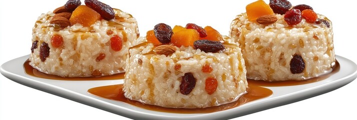 Delicate mini bundt cakes, glazed desserts, fruit-topped pastries, elegant plated desserts, caramel drizzle, cherries and berries garnish, white ceramic serving dish, soft lighting, food photography, 