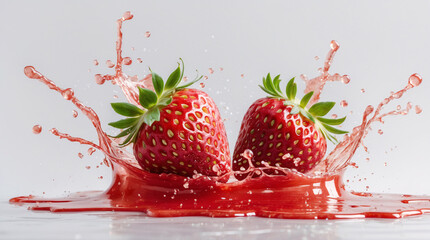 Fresh strawberries with strawberry juice splash against white background for high energy appetizing food photography shots Stock Photo Image Fruits Presentation