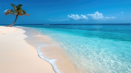 Serene Tropical Beach Paradise with Palm Tree, Azure Waters, White Sand
